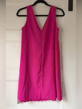 V-Neck Scallop-Hem Mini Dress in Bright Pink